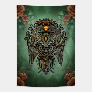 Awesome owl with roses Tapestry