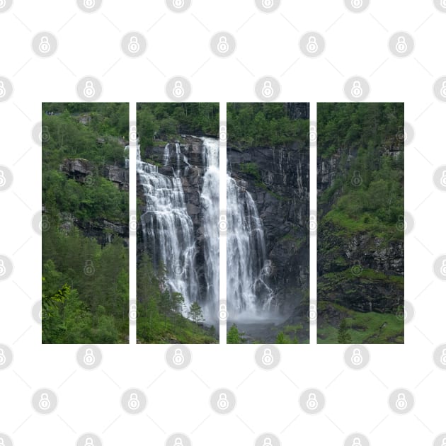 Wonderful landscapes in Norway. Hordaland. Beautiful scenery of Skjervsfossen waterfall from the Storelvi river on the Hardanger scenic route. Mountains, trees in background. Rainy day by fabbroni-art