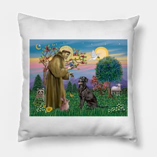 Saint Francis Blesses a Black Labrador Retriever Pillow