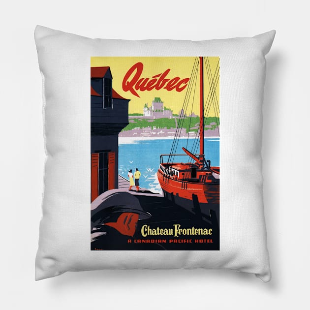 QUEBEC Chateau Frontenac Canada Scenic Ship Harbor Vintage Tourism Art Deco Pillow by vintageposters