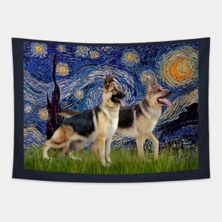 Starry Night Adapted to Include Two German Shepherds Tapestry