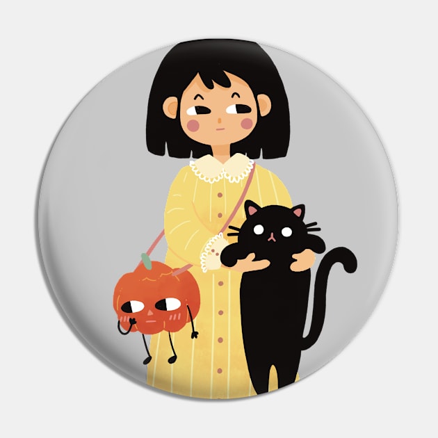 Halloween Girl with Black Cat and Pumpkin | Halloween Lovers Gift | Cute Gift Ideas| Handmade Illustrations by Atelier Serakara Pin by Atelier Serakara