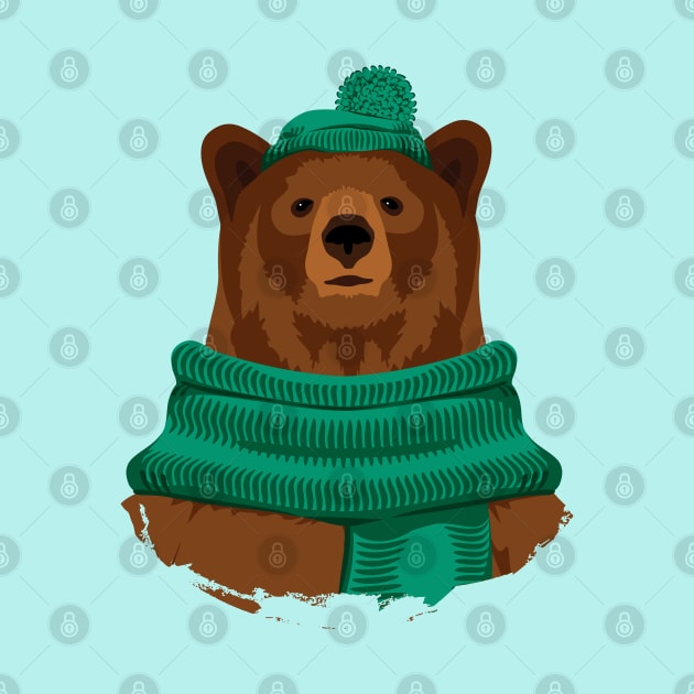 Brown bear in green hat and scarf by lents