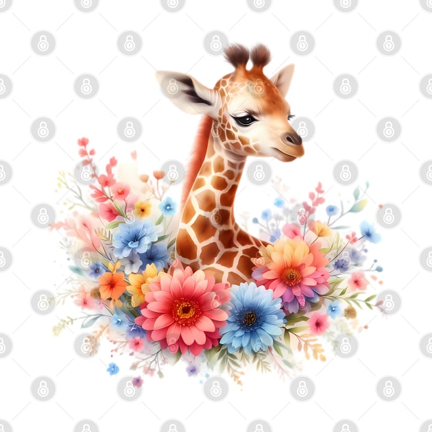 A baby giraffe decorated with beautiful colorful flowers. by CreativeSparkzz