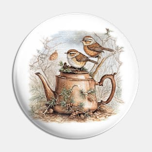 2 wrens sitting and a  tea pot Pin