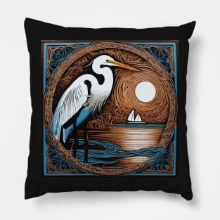 Egret With Sunset and Sailboat Pillow