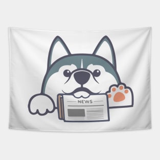 Husky Dog with Newspaper Tapestry