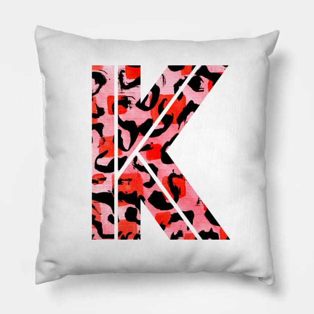 Abstract Letter K Watercolour Leopard Print Alphabet Red Pillow by Squeeb Creative