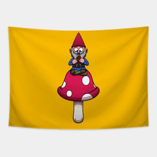 Cute Garden Gnome Eating Chocolate On Mushroom Tapestry