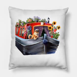 Captain dog. Cool red narrowboat Pillow