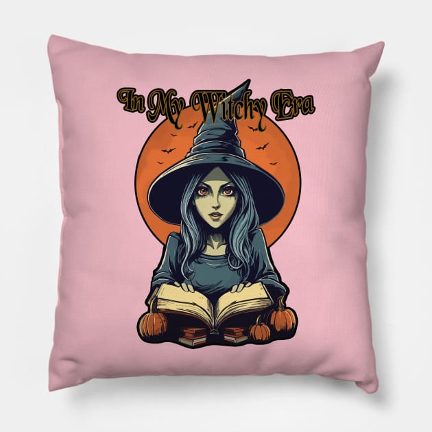 In My Witchy Era Tee Halloween Cute witch with moon behind and bats flying Pillow by KromADesign