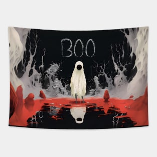 Halloween Boo 2: The White Sheet Ghost with Red Eyes Said "Boo" on a Dark Background Tapestry