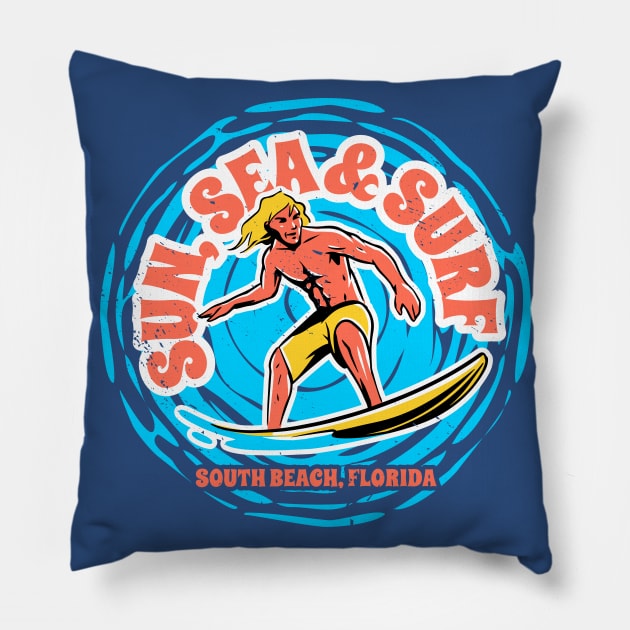 Vintage Sun, Sea & Surf South Beach, Florida // Retro Surfing // Surfer Catching Waves Pillow by Now Boarding