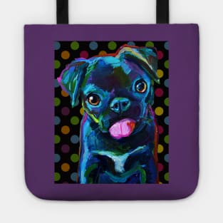 Derpy Black Pug Puppy with Polka Dots Tote
