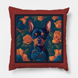 Dogs, Toy Terrier and flowers, dog, seamless print, style vector (red flowers Toy Terrier 3 version) Pillow