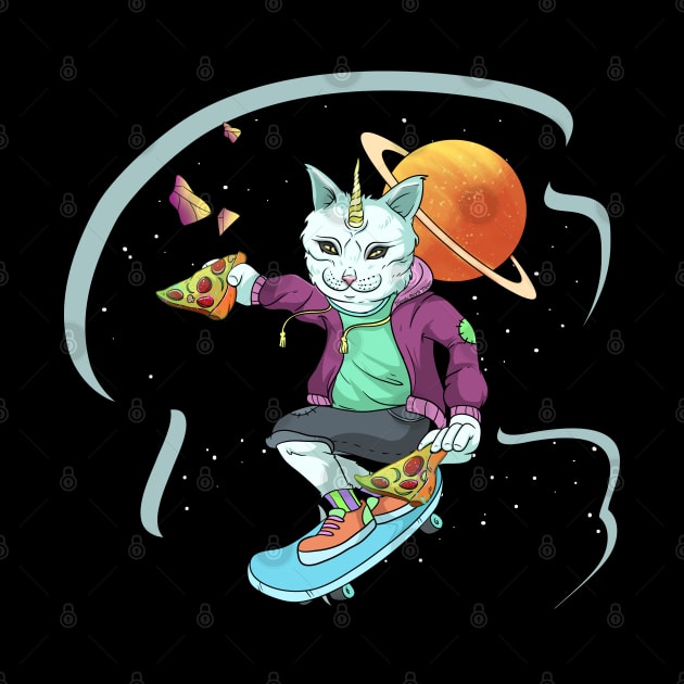 Space Unicorn Cat Pizza Lover - Skateboarding by Trendy Black Sheep