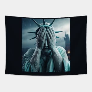 Statue of liberty crying with her hands covering her face Tapestry