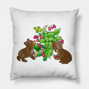 cartoon bear cubs on a background of raspberries and flowers Pillow