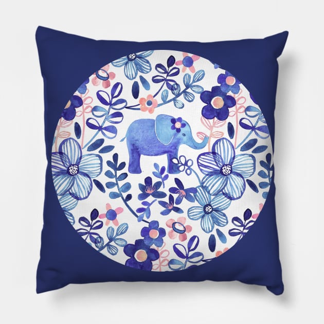 Pale Coral, White and Purple Elephant and Floral Watercolor Pattern Pillow by micklyn