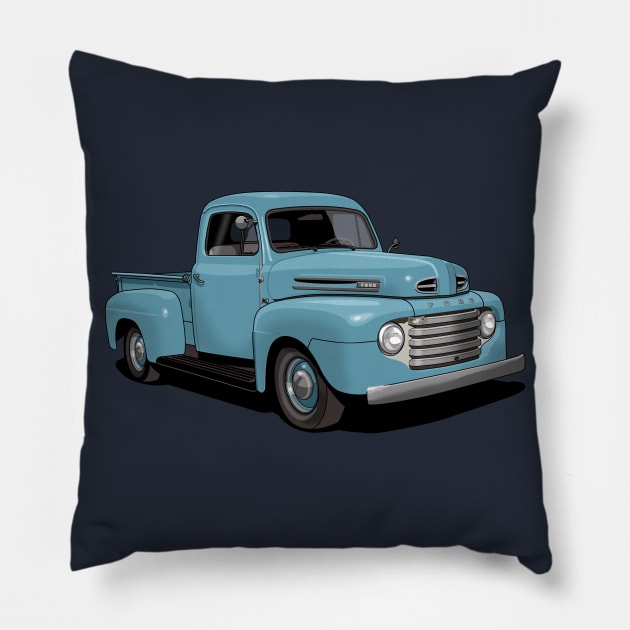 1950 Ford F1 Pickup Truck in light blue Pillow by candcretro