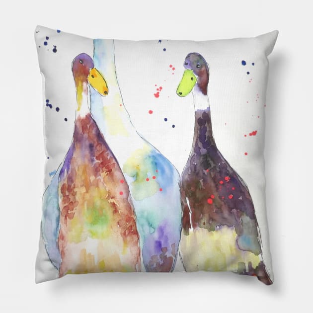 Three Proud Indian Runner Ducks Pillow by Casimirasquirkyart