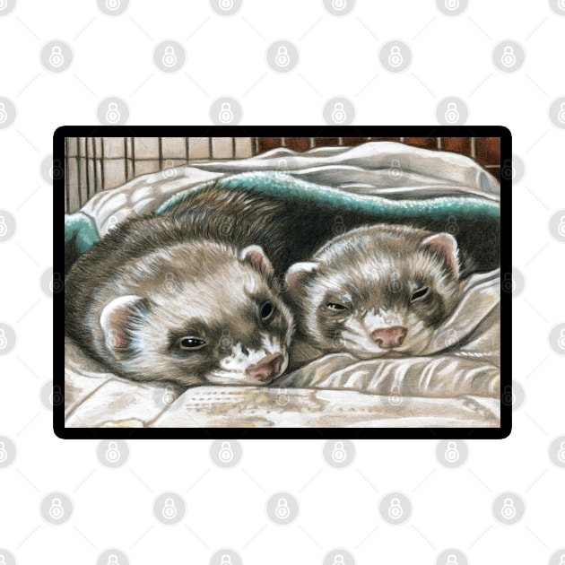 Napping Ferret Buddies - Black Outlined Version by Nat Ewert Art