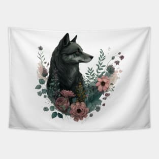 Colorful Wolf with Flowers Tapestry