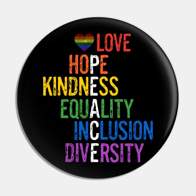 Love Hope Kindness Equality Inclusion Diversity Peace LGBTQ Gay Pride Pin by egcreations