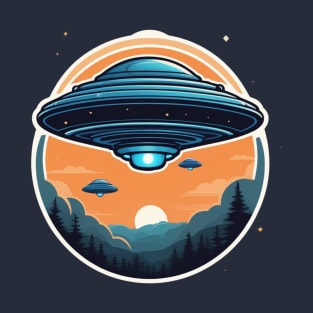 Blue flying saucer on sunset landscape with trees T-Shirt