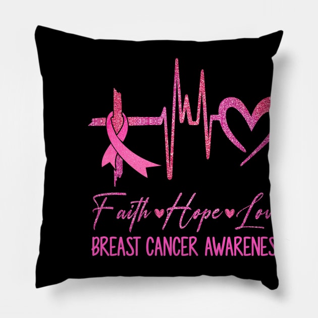 Faith Hope Love Breast Cancer Awareness Ribbon Heartbeat Pillow by James Green