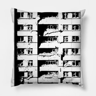 Collapsed building black and white illustration Pillow