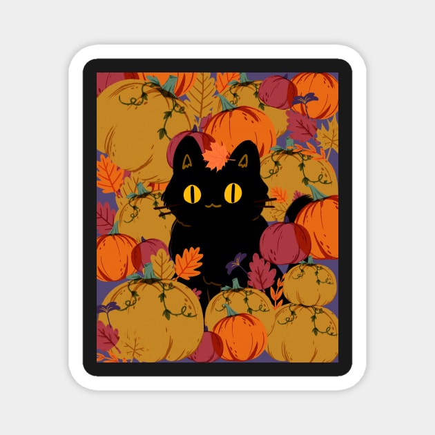 Cat in pumpkin field Magnet by SkyisBright