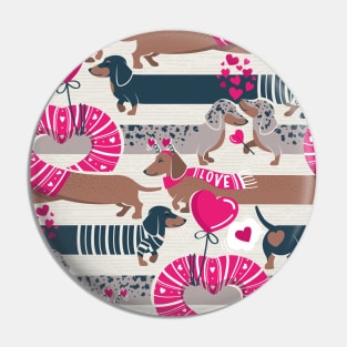 Dachshunds long love // beige background fuchsia pink hearts scarves sweaters and other Valentine's Day details brown nile blue and dark grey spotted funny doxies dog puppies Pin