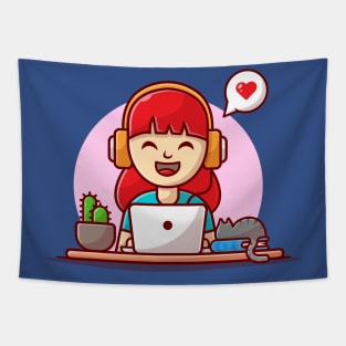 Happy Girl Listening Music with Headphone, Laptop, Cat on The Book and Plant Cartoon Vector Icon Illustration Tapestry