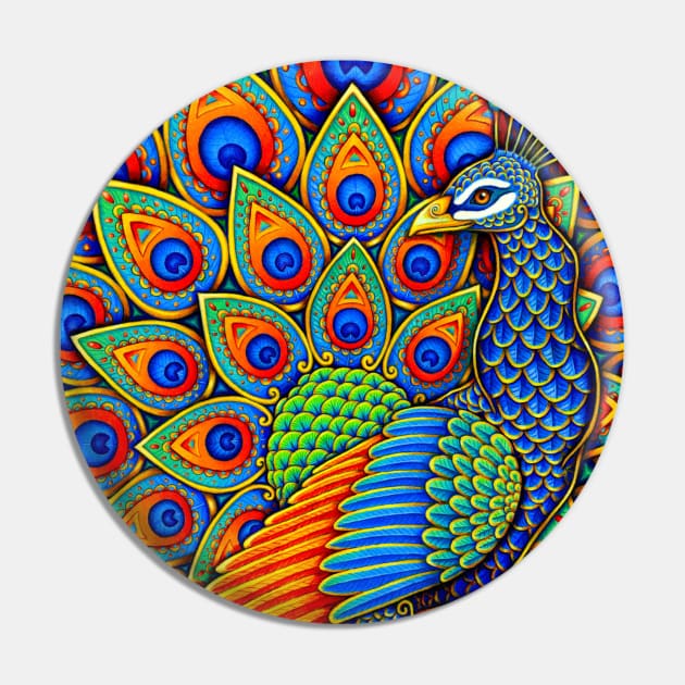 Colorful Paisley Peacock Rainbow Bird Pin by rebeccawangart