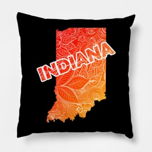 Colorful mandala art map of Indiana with text in red and orange Pillow