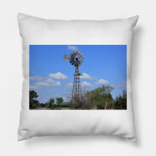 Kansas Windmill in Pasture with blue sky and clouds. Pillow
