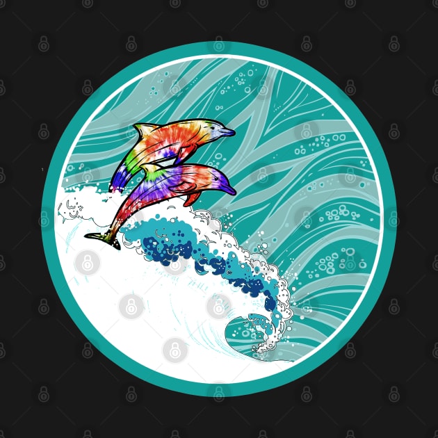 Tie Dye Dolphins Riding the Ocean Waves by Joaddo