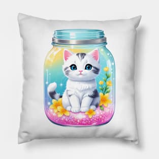 Cute Kawaii Cat With Beautiful Flowers In Mason Jar Pillow