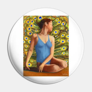 Dancer seated in front of peacock feathers Pin