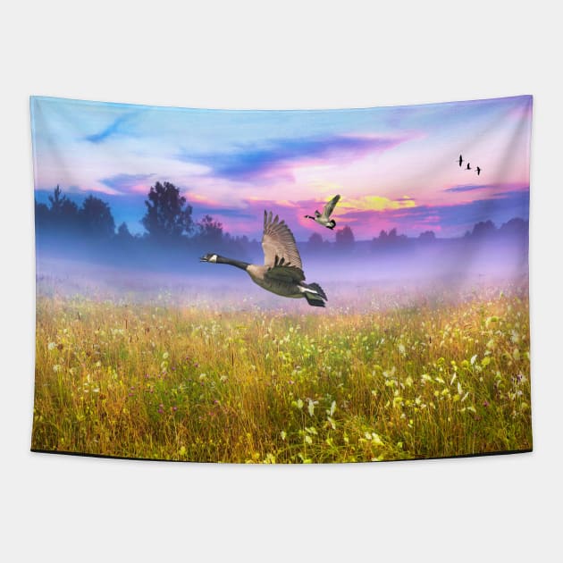 Canada Geese in Flight Tapestry by lauradyoung