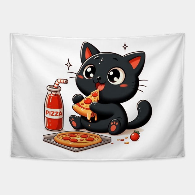 cute cat fat eat pizza, cartoon illustration Tapestry by art poo