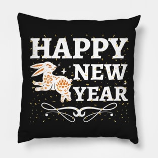 Happy New Year white and gold rabbit, black desing Pillow