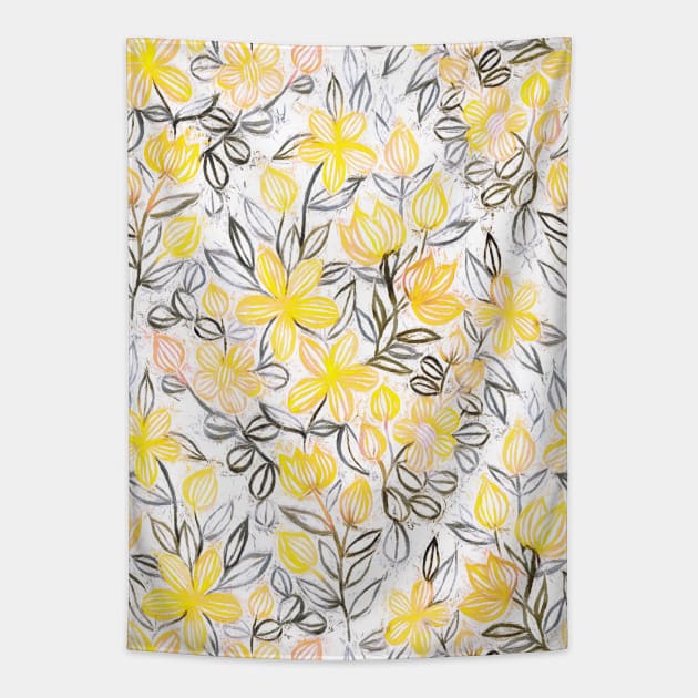 Sunny Yellow Crayon Striped Summer Floral Tapestry by micklyn