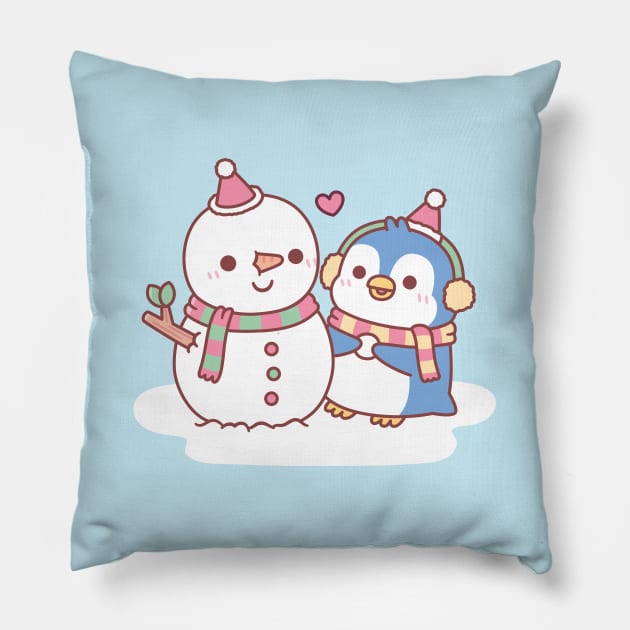 Cute Penguin Building A Snowman Pillow by rustydoodle