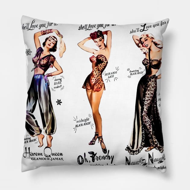 Pin Up Girls Fashion Retro Vintage Harem Queen Frenchy Parisian Black Magic Pillow by REVISTANGO