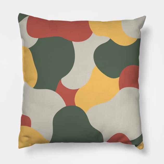 Colourful Blob Abstract Pattern in Light Red Dark Green Yellow and Gray Pillow by moonrsli