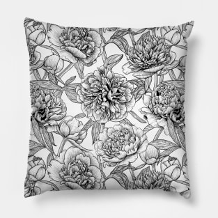 Peony flowers, black and white Pillow