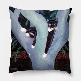 Tuxedo Cat in the Tree Pillow