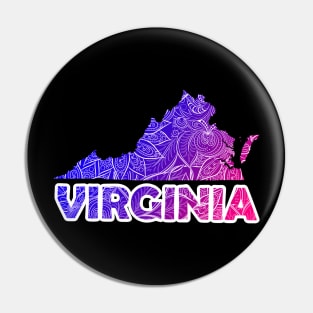 Colorful mandala art map of Virginia with text in blue and violet Pin